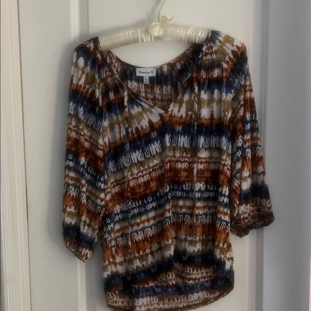 Veronica M Multicolor Striped Blouse with blue and rust hues!
